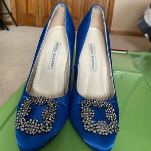 Manolo Blahnik Royal Blue Satin Heels with Embellished Buckle